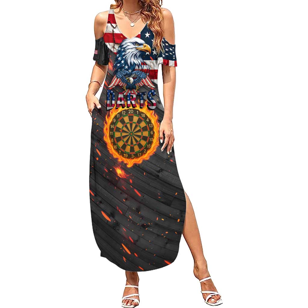 Custom American Flag and Bald Eagle Darts Summer Maxi Dress with Flaming Dartboard - Wonder Print Shop