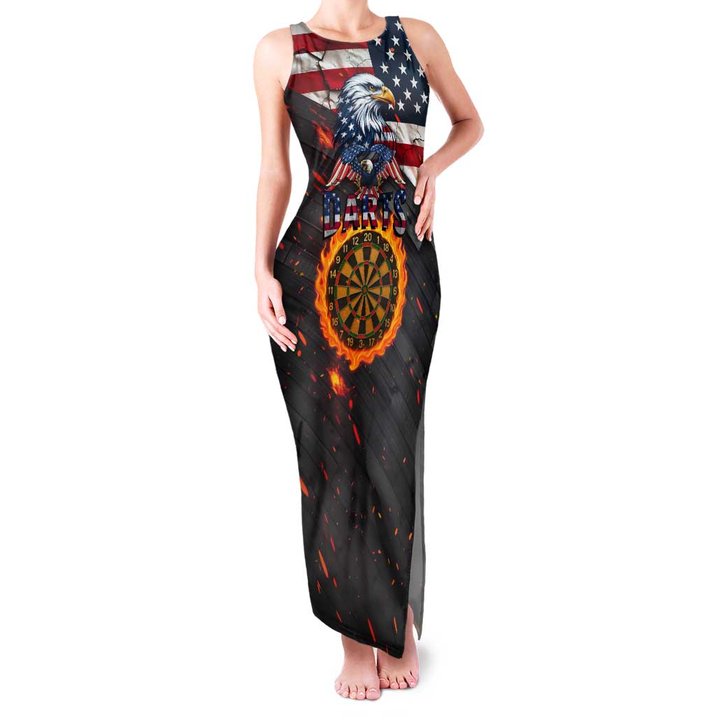 Custom American Flag and Bald Eagle Darts Tank Maxi Dress with Flaming Dartboard - Wonder Print Shop