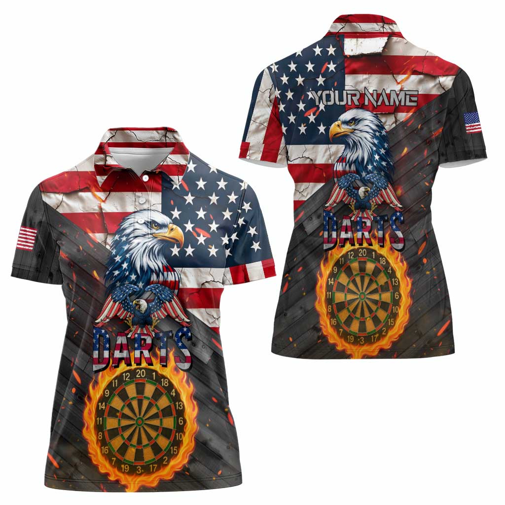Custom American Flag and Bald Eagle Darts Women Polo Shirt with Flaming Dartboard - Wonder Print Shop