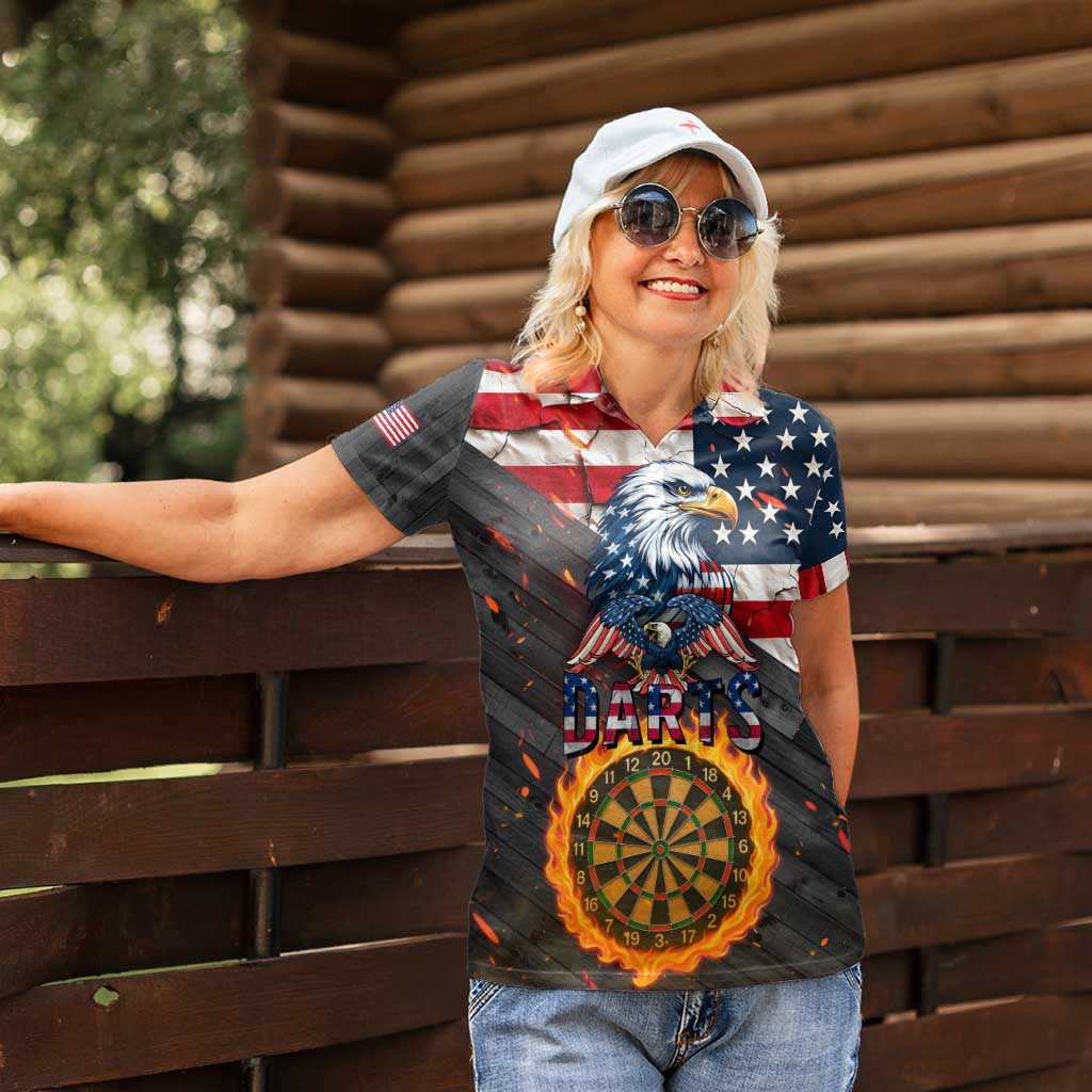 Custom American Flag and Bald Eagle Darts Women Polo Shirt with Flaming Dartboard - Wonder Print Shop