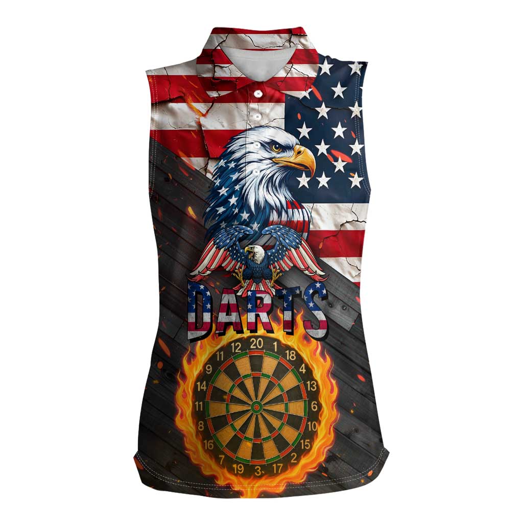 Custom American Flag and Bald Eagle Darts Women Sleeveless Polo Shirt with Flaming Dartboard - Wonder Print Shop
