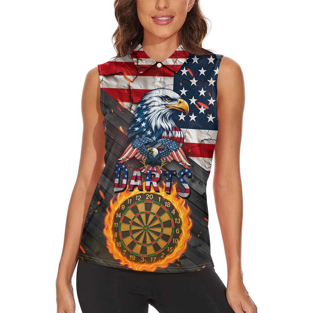 Custom American Flag and Bald Eagle Darts Women Sleeveless Polo Shirt with Flaming Dartboard - Wonder Print Shop
