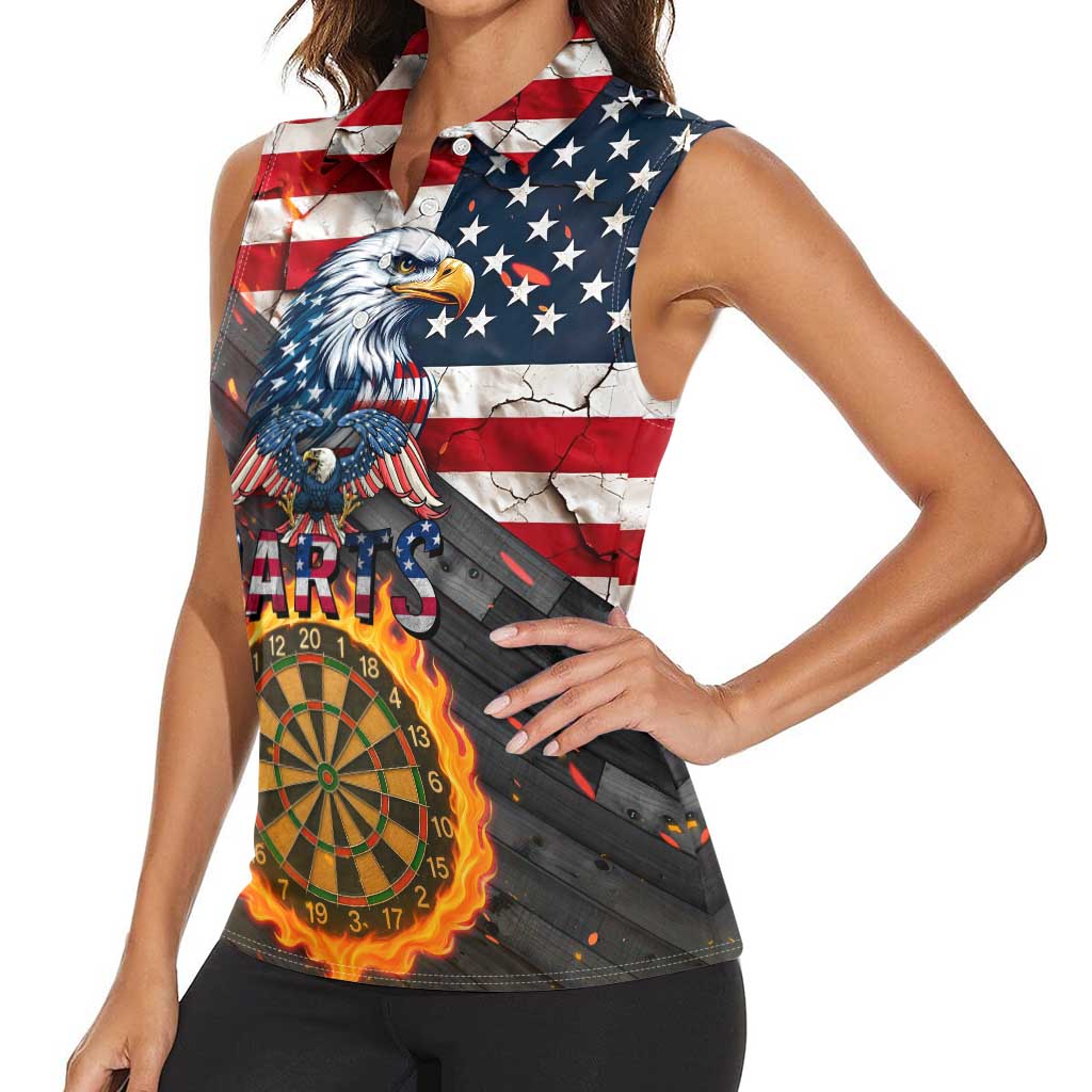 Custom American Flag and Bald Eagle Darts Women Sleeveless Polo Shirt with Flaming Dartboard - Wonder Print Shop