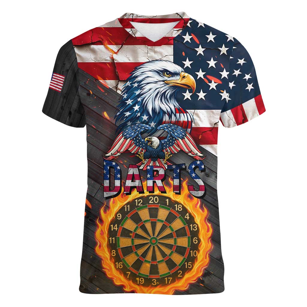 Custom American Flag and Bald Eagle Darts Women V-Neck T-Shirt with Flaming Dartboard - Wonder Print Shop