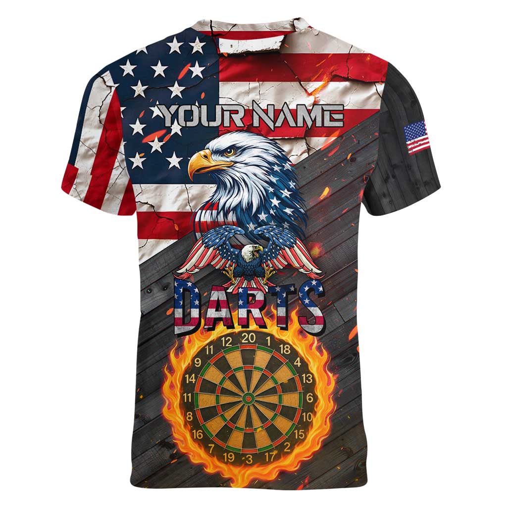 Custom American Flag and Bald Eagle Darts Women V-Neck T-Shirt with Flaming Dartboard - Wonder Print Shop
