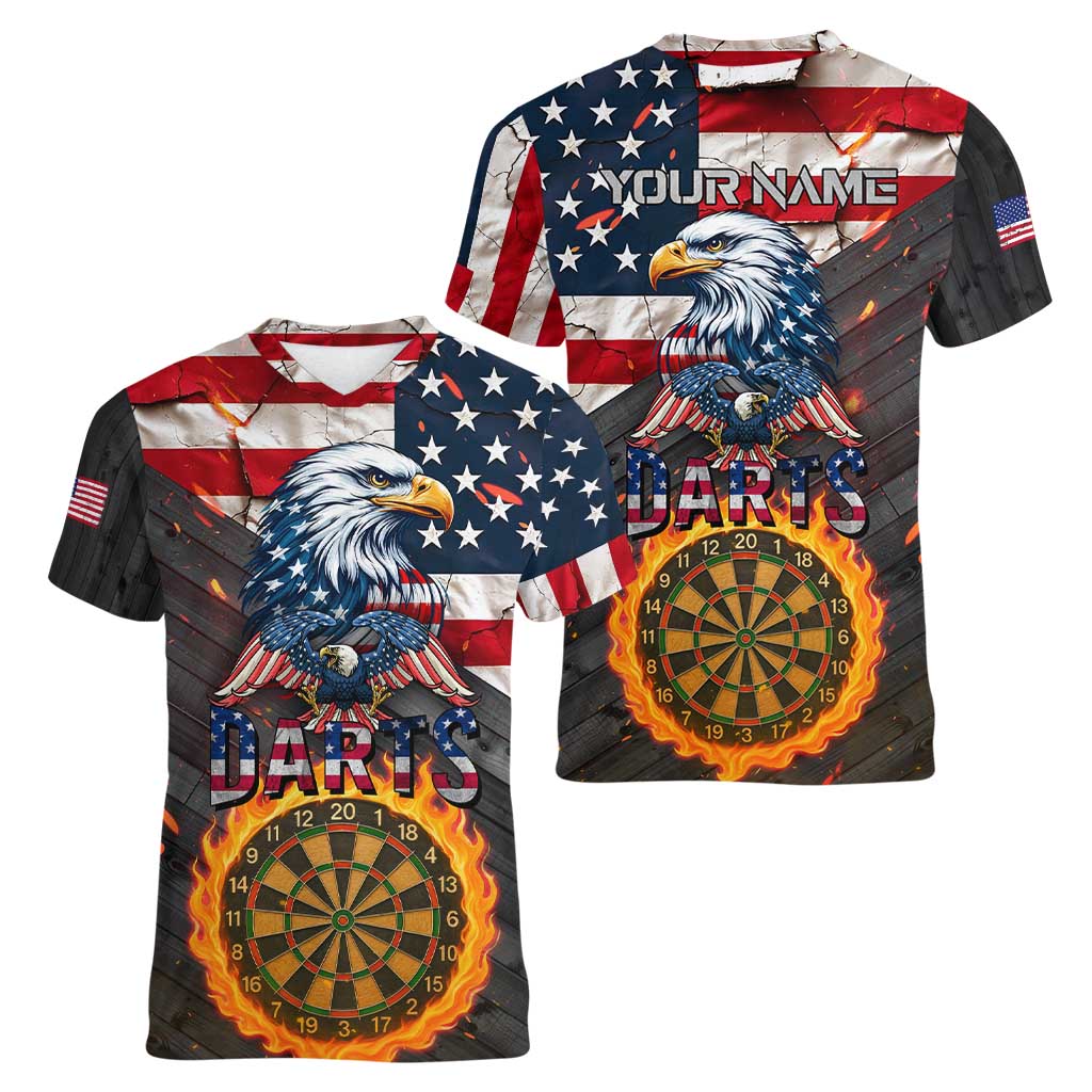 Custom American Flag and Bald Eagle Darts Women V-Neck T-Shirt with Flaming Dartboard - Wonder Print Shop