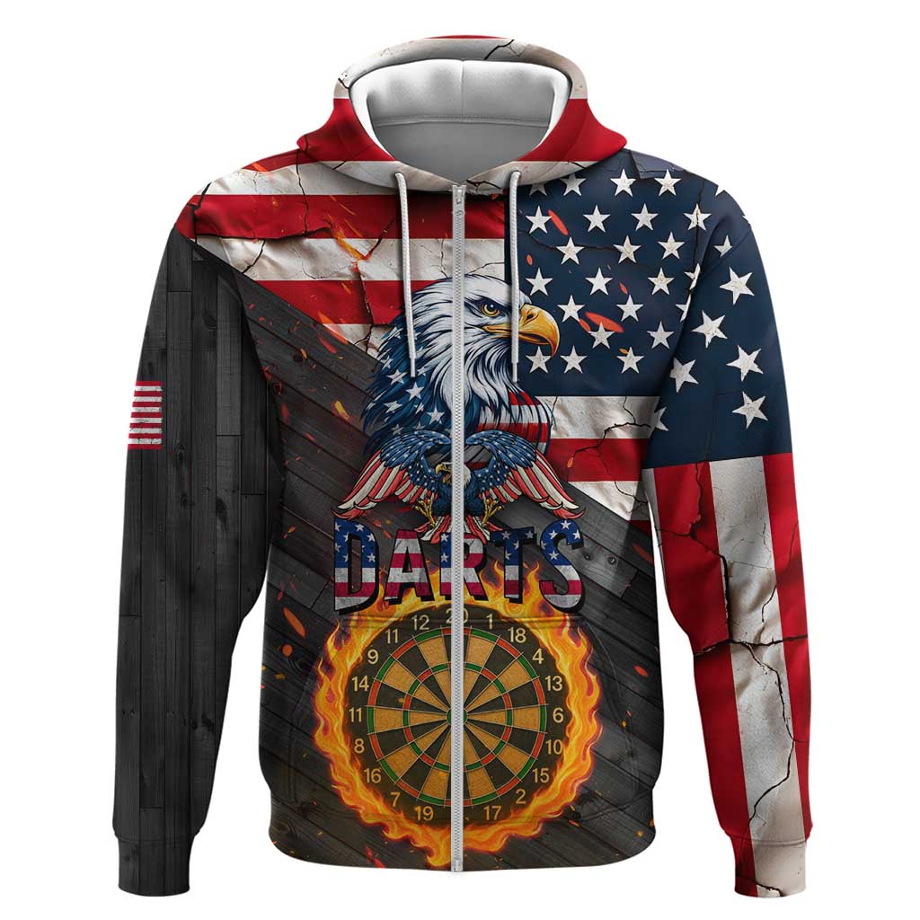 Custom American Flag and Bald Eagle Darts Zip Hoodie with Flaming Dartboard - Wonder Print Shop