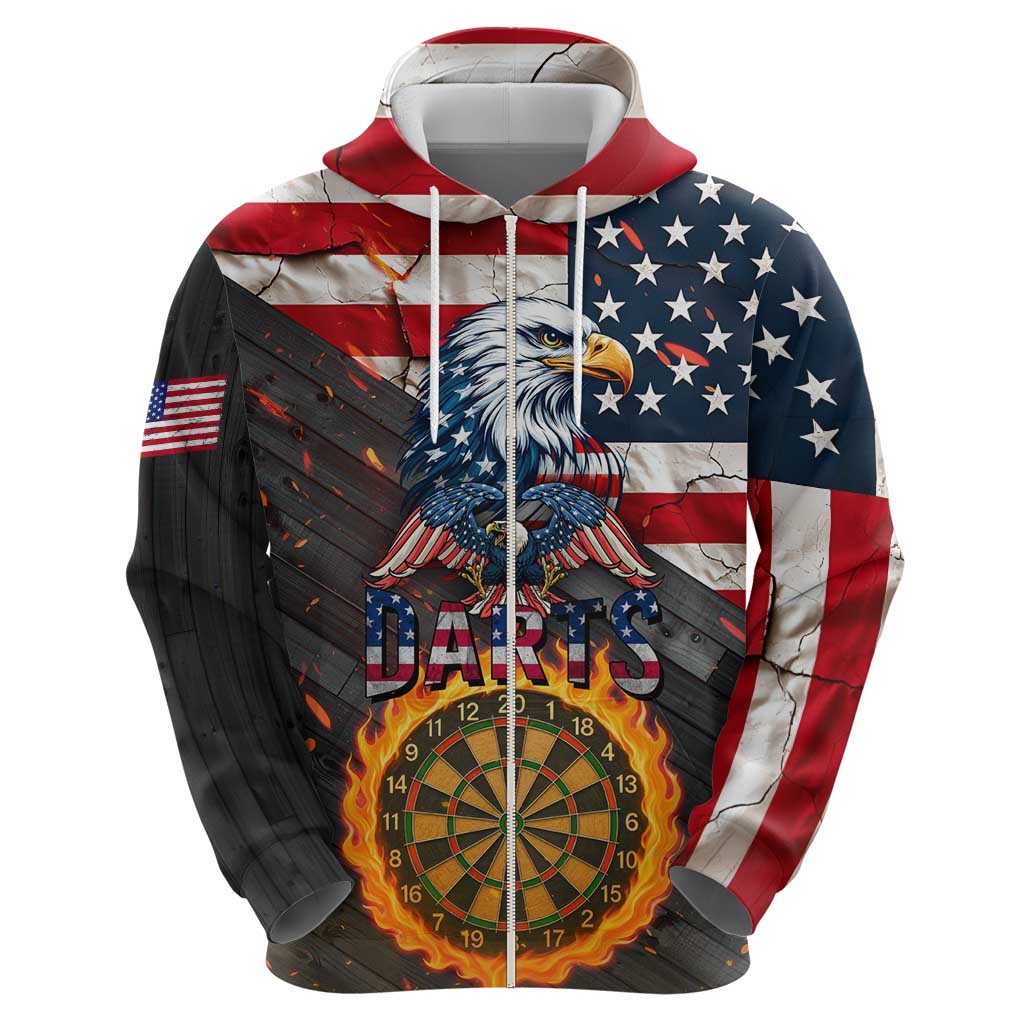 Custom American Flag and Bald Eagle Darts Zip Hoodie with Flaming Dartboard - Wonder Print Shop