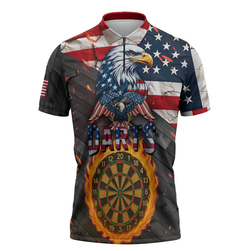 Custom American Flag and Bald Eagle Darts Zipper Polo Shirt with Flaming Dartboard - Wonder Print Shop