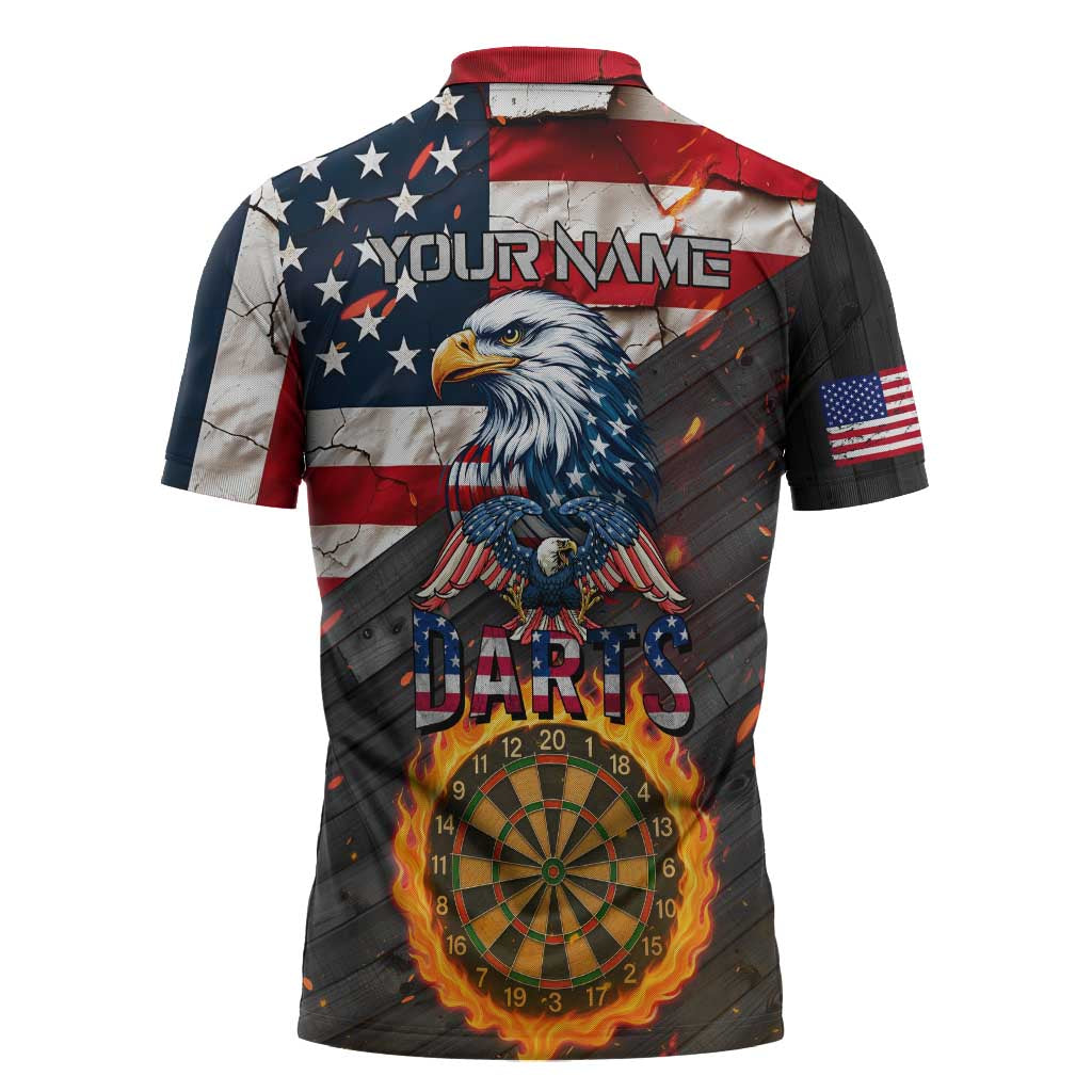 Custom American Flag and Bald Eagle Darts Zipper Polo Shirt with Flaming Dartboard - Wonder Print Shop