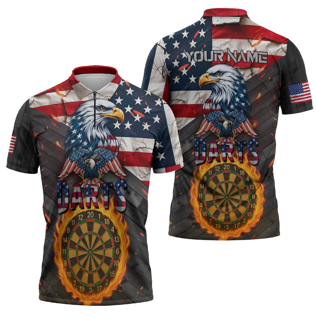Custom American Flag and Bald Eagle Darts Zipper Polo Shirt with Flaming Dartboard - Wonder Print Shop