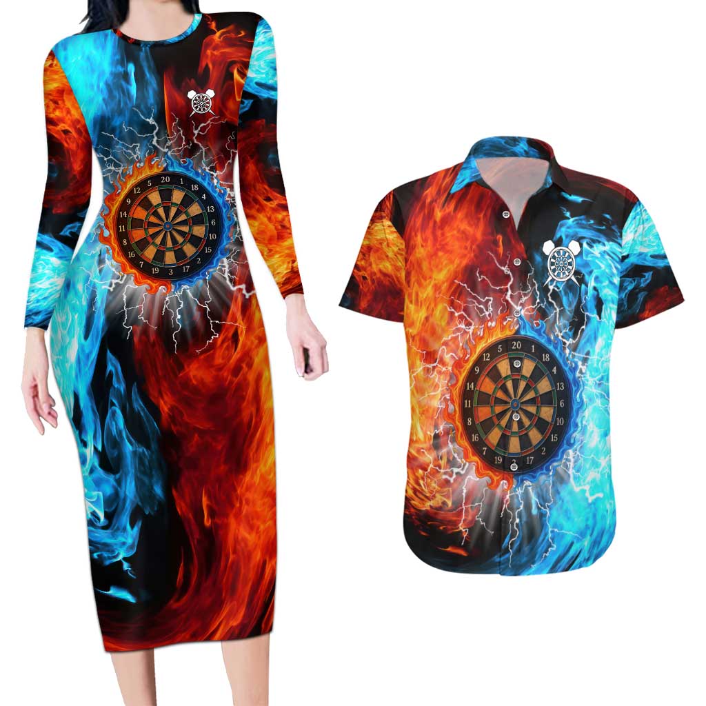 Custom Thunder Lightning Darts Couples Matching Long Sleeve Bodycon Dress and Hawaiian Shirt Dartboard Water Fire - Wonder Print Shop