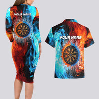 Custom Thunder Lightning Darts Couples Matching Long Sleeve Bodycon Dress and Hawaiian Shirt Dartboard Water Fire - Wonder Print Shop