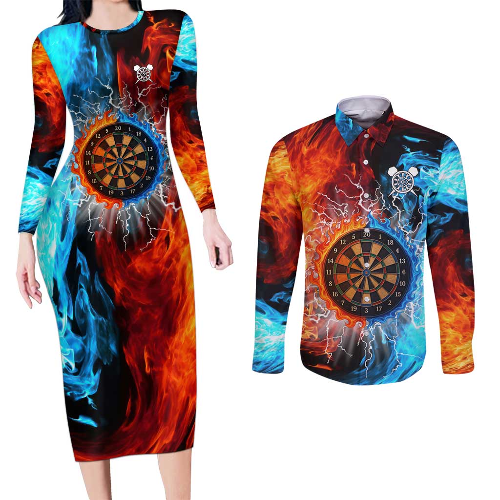 Custom Thunder Lightning Darts Couples Matching Long Sleeve Bodycon Dress and Long Sleeve Button Shirt Dartboard Water Fire - Wonder Print Shop