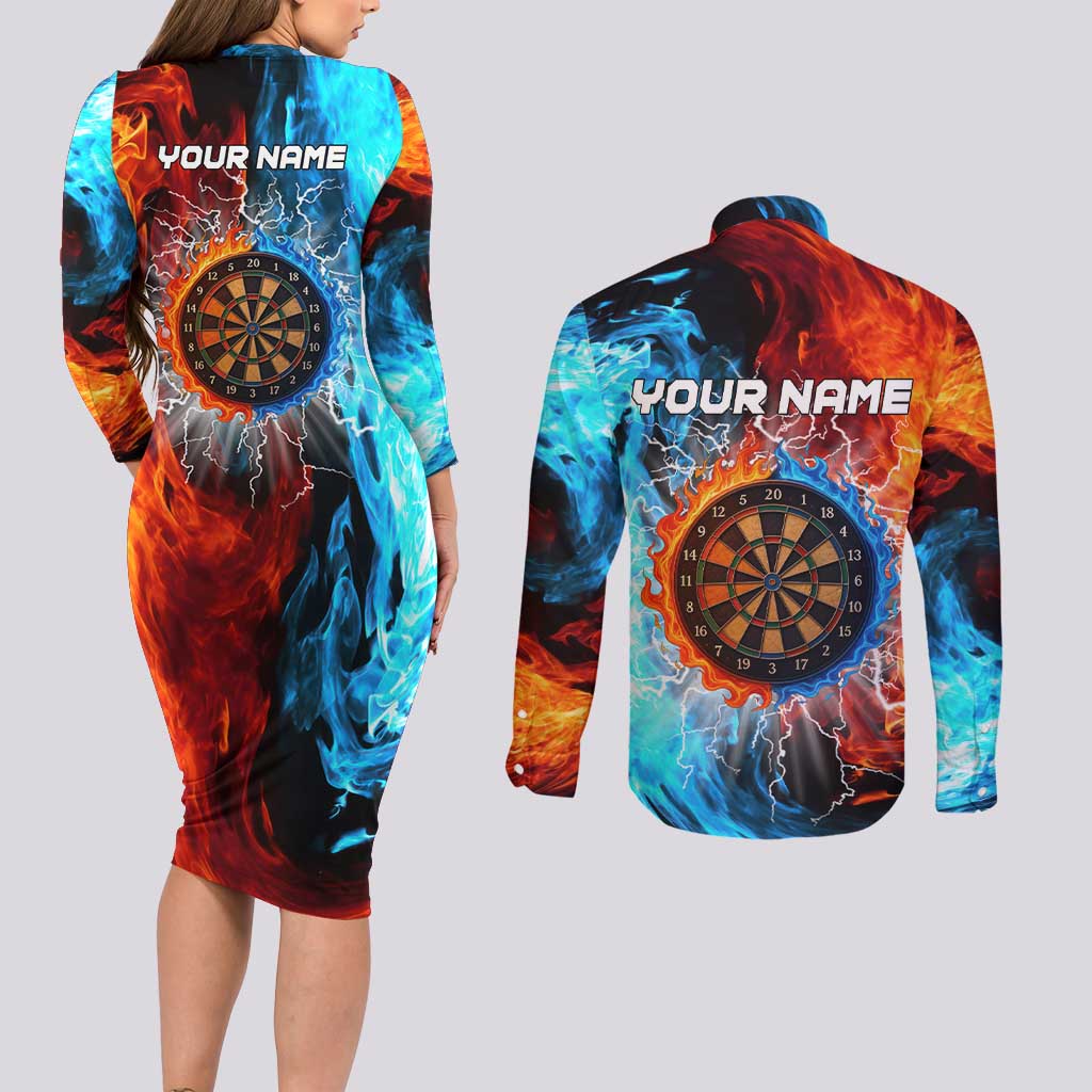 Custom Thunder Lightning Darts Couples Matching Long Sleeve Bodycon Dress and Long Sleeve Button Shirt Dartboard Water Fire - Wonder Print Shop