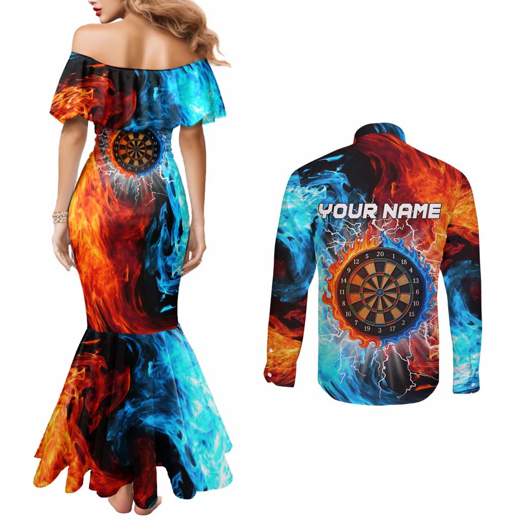 Custom Thunder Lightning Darts Couples Matching Mermaid Dress and Long Sleeve Button Shirt Dartboard Water Fire - Wonder Print Shop