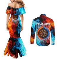 Custom Thunder Lightning Darts Couples Matching Mermaid Dress and Long Sleeve Button Shirt Dartboard Water Fire - Wonder Print Shop