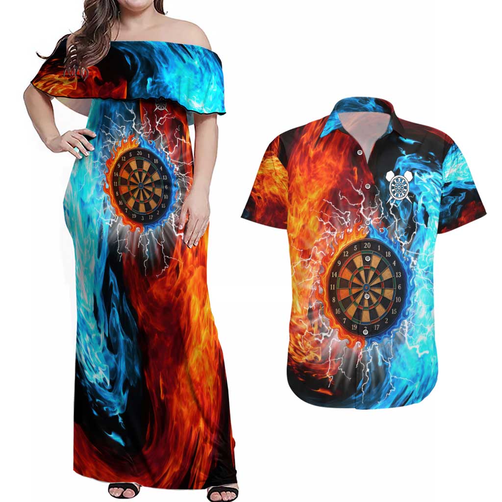Custom Thunder Lightning Darts Couples Matching Off Shoulder Maxi Dress and Hawaiian Shirt Dartboard Water Fire - Wonder Print Shop