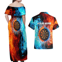 Custom Thunder Lightning Darts Couples Matching Off Shoulder Maxi Dress and Hawaiian Shirt Dartboard Water Fire - Wonder Print Shop