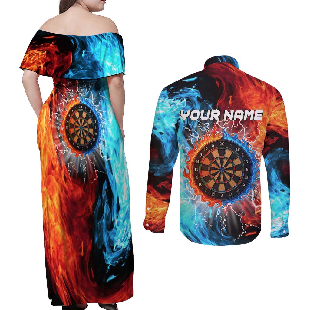 Custom Thunder Lightning Darts Couples Matching Off Shoulder Maxi Dress and Long Sleeve Button Shirt Dartboard Water Fire - Wonder Print Shop
