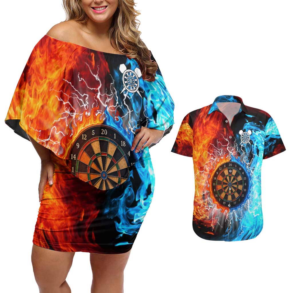 Custom Thunder Lightning Darts Couples Matching Off Shoulder Short Dress and Hawaiian Shirt Dartboard Water Fire - Wonder Print Shop