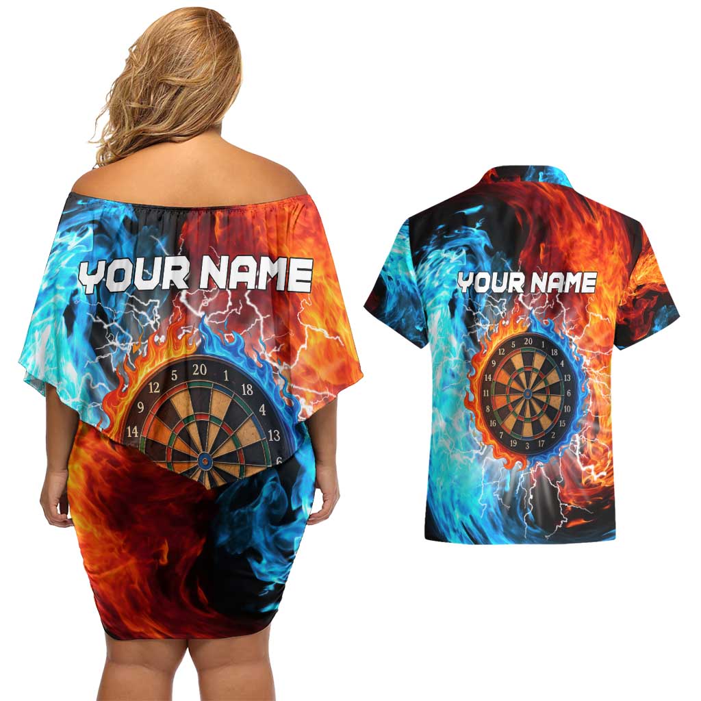 Custom Thunder Lightning Darts Couples Matching Off Shoulder Short Dress and Hawaiian Shirt Dartboard Water Fire - Wonder Print Shop