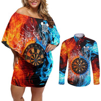 Custom Thunder Lightning Darts Couples Matching Off Shoulder Short Dress and Long Sleeve Button Shirt Dartboard Water Fire - Wonder Print Shop