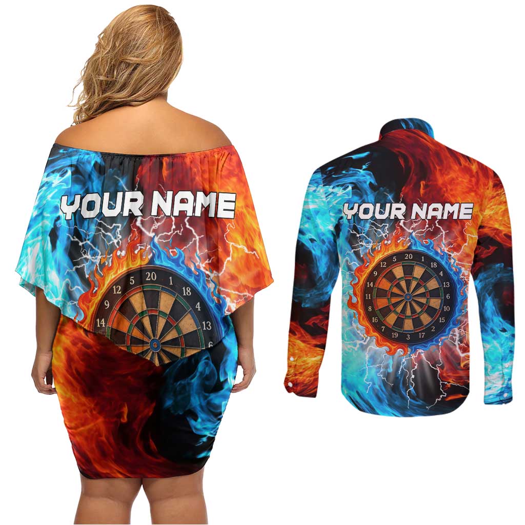 Custom Thunder Lightning Darts Couples Matching Off Shoulder Short Dress and Long Sleeve Button Shirt Dartboard Water Fire - Wonder Print Shop