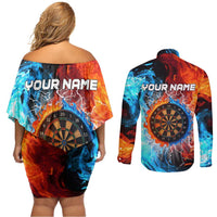 Custom Thunder Lightning Darts Couples Matching Off Shoulder Short Dress and Long Sleeve Button Shirt Dartboard Water Fire - Wonder Print Shop