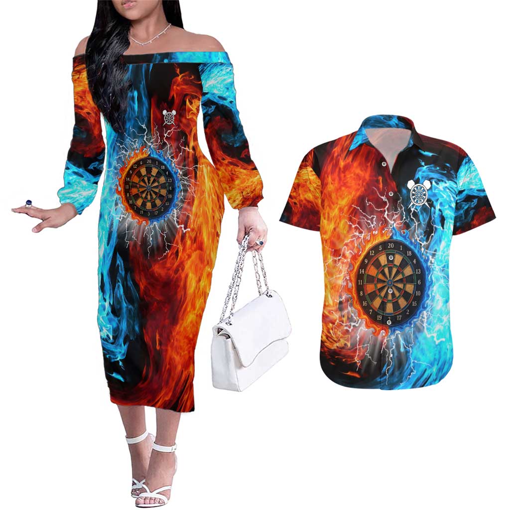 Custom Thunder Lightning Darts Couples Matching Off The Shoulder Long Sleeve Dress and Hawaiian Shirt Dartboard Water Fire - Wonder Print Shop