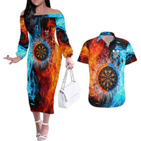 Custom Thunder Lightning Darts Couples Matching Off The Shoulder Long Sleeve Dress and Hawaiian Shirt Dartboard Water Fire - Wonder Print Shop