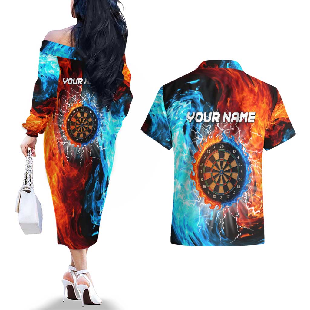 Custom Thunder Lightning Darts Couples Matching Off The Shoulder Long Sleeve Dress and Hawaiian Shirt Dartboard Water Fire - Wonder Print Shop