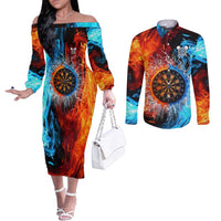 Custom Thunder Lightning Darts Couples Matching Off The Shoulder Long Sleeve Dress and Long Sleeve Button Shirt Dartboard Water Fire - Wonder Print Shop