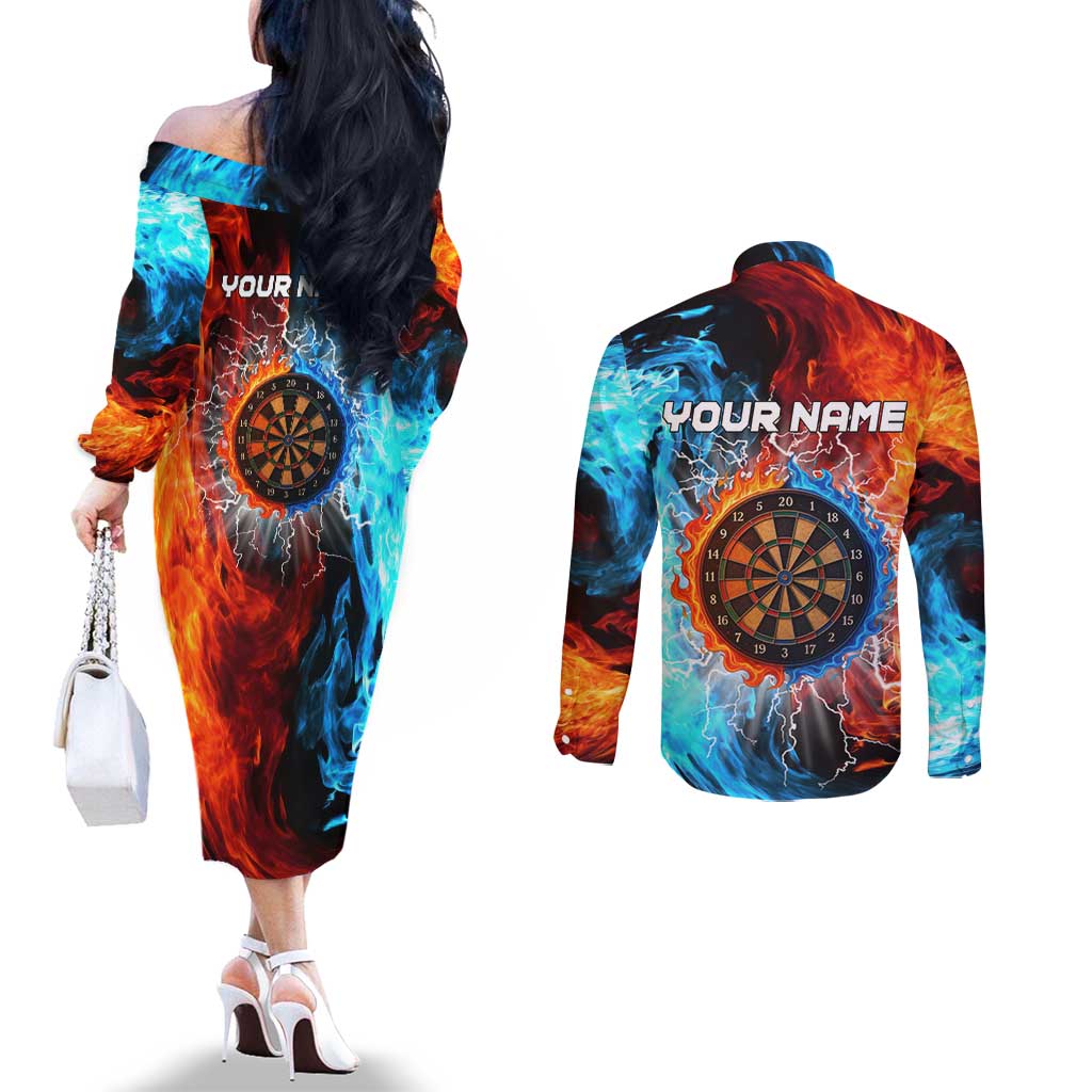 Custom Thunder Lightning Darts Couples Matching Off The Shoulder Long Sleeve Dress and Long Sleeve Button Shirt Dartboard Water Fire - Wonder Print Shop
