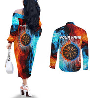 Custom Thunder Lightning Darts Couples Matching Off The Shoulder Long Sleeve Dress and Long Sleeve Button Shirt Dartboard Water Fire - Wonder Print Shop