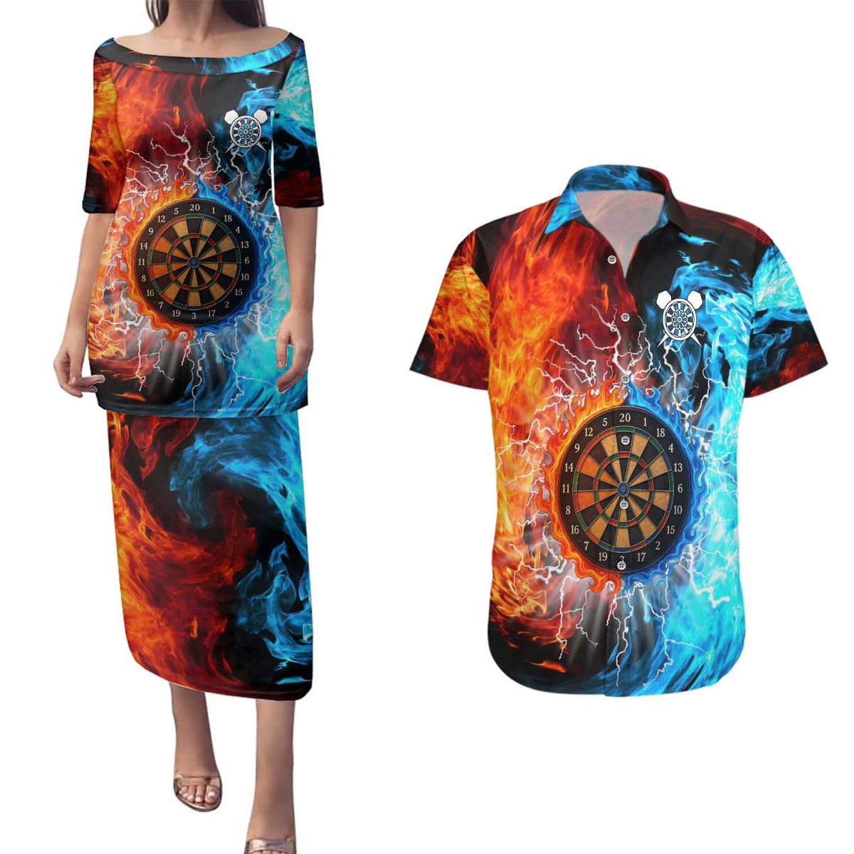 Custom Thunder Lightning Darts Couples Matching Puletasi and Hawaiian Shirt Dartboard Water Fire - Wonder Print Shop