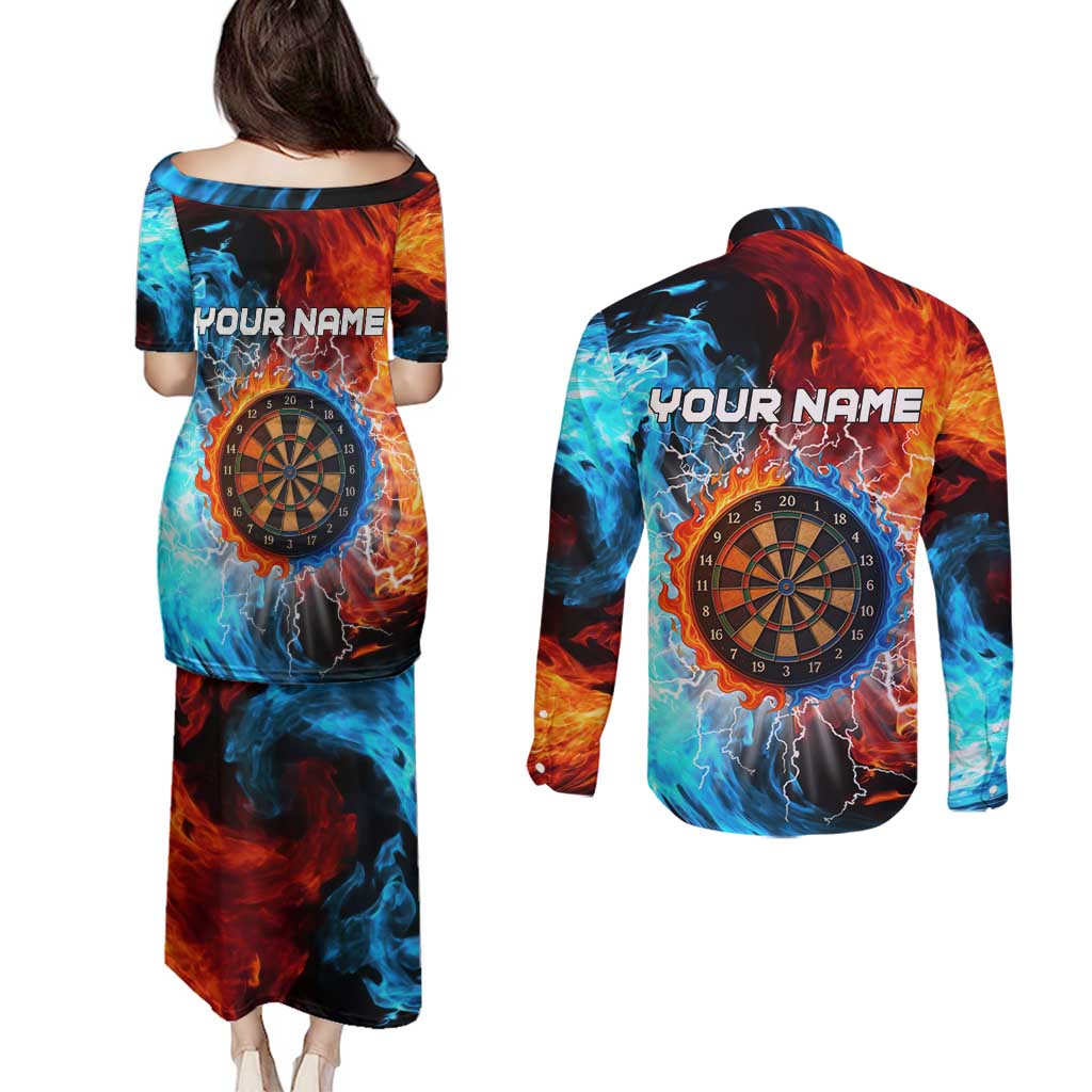 Custom Thunder Lightning Darts Couples Matching Puletasi and Long Sleeve Button Shirt Dartboard Water Fire - Wonder Print Shop