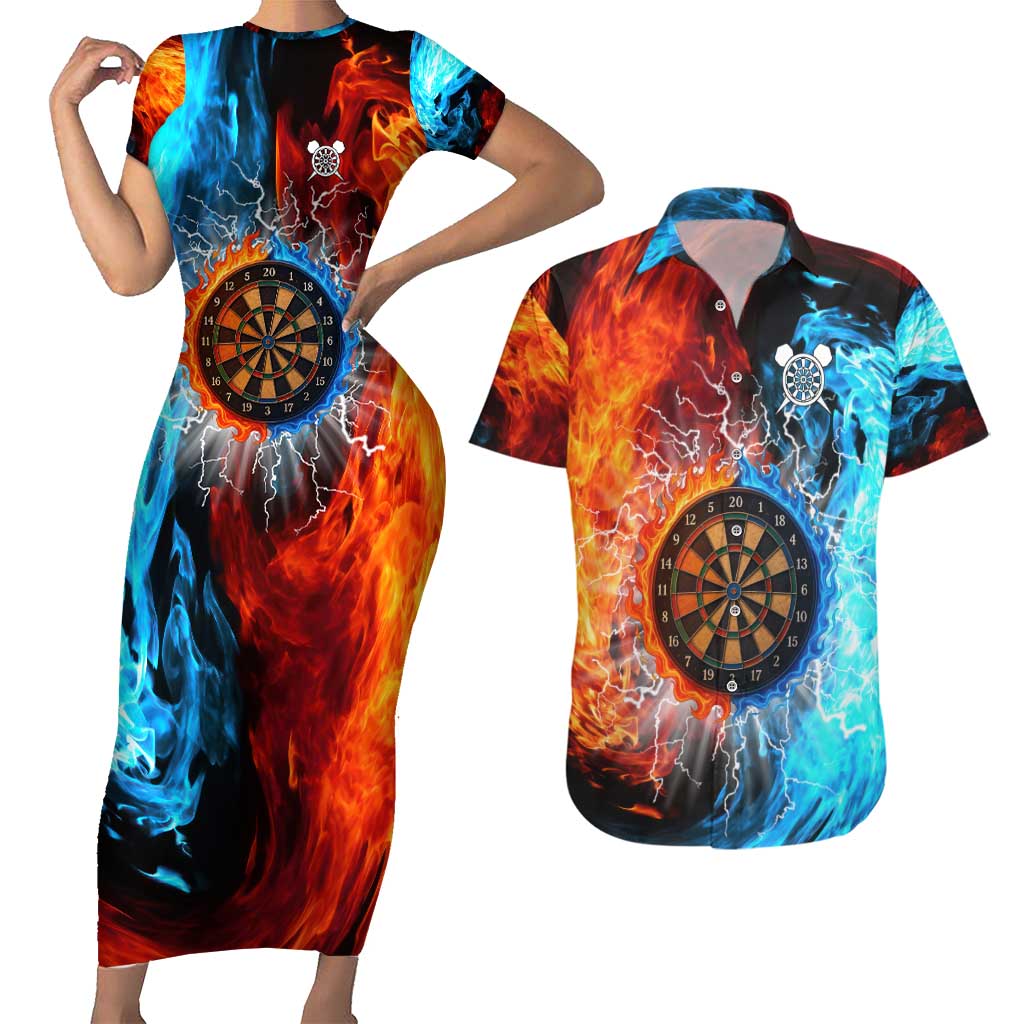 Custom Thunder Lightning Darts Couples Matching Short Sleeve Bodycon Dress and Hawaiian Shirt Dartboard Water Fire - Wonder Print Shop