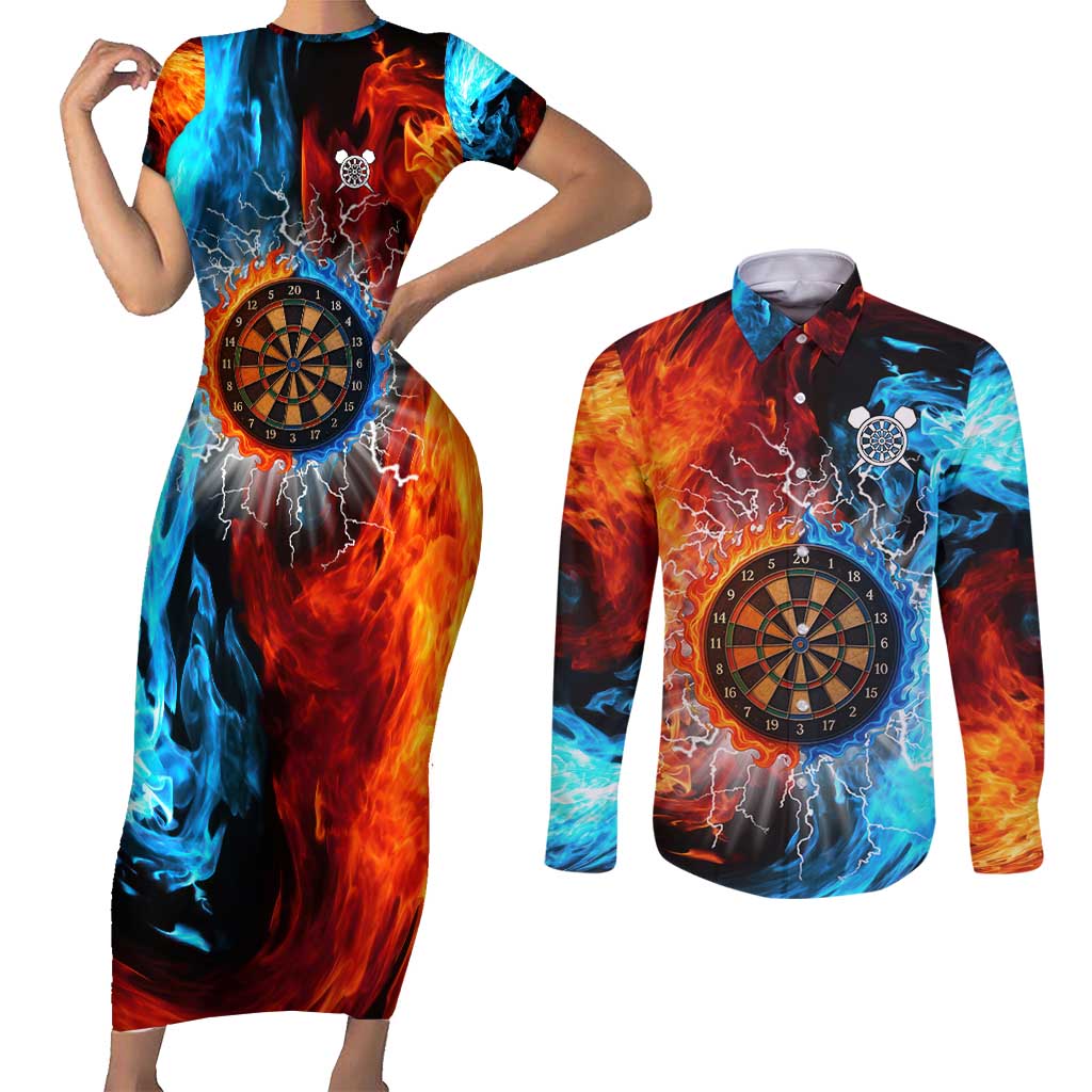 Custom Thunder Lightning Darts Couples Matching Short Sleeve Bodycon Dress and Long Sleeve Button Shirt Dartboard Water Fire - Wonder Print Shop