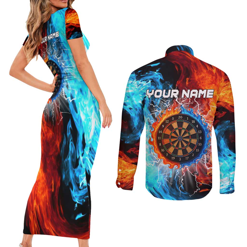 Custom Thunder Lightning Darts Couples Matching Short Sleeve Bodycon Dress and Long Sleeve Button Shirt Dartboard Water Fire - Wonder Print Shop