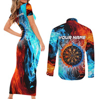 Custom Thunder Lightning Darts Couples Matching Short Sleeve Bodycon Dress and Long Sleeve Button Shirt Dartboard Water Fire - Wonder Print Shop