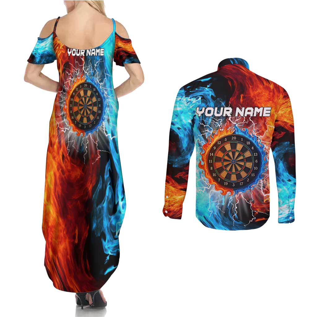 Custom Thunder Lightning Darts Couples Matching Summer Maxi Dress and Long Sleeve Button Shirt Dartboard Water Fire - Wonder Print Shop