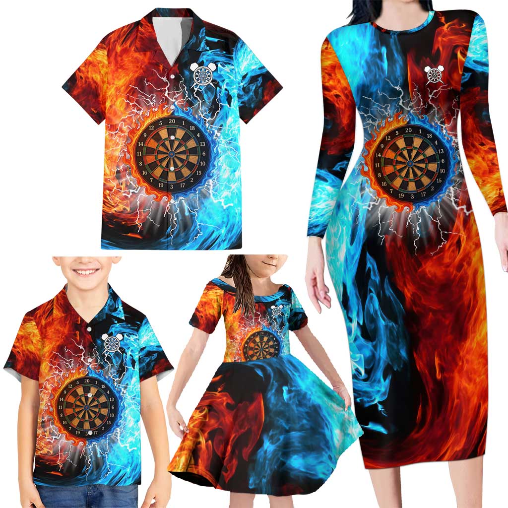 Custom Thunder Lightning Darts Family Matching Long Sleeve Bodycon Dress and Hawaiian Shirt Dartboard Water Fire - Wonder Print Shop