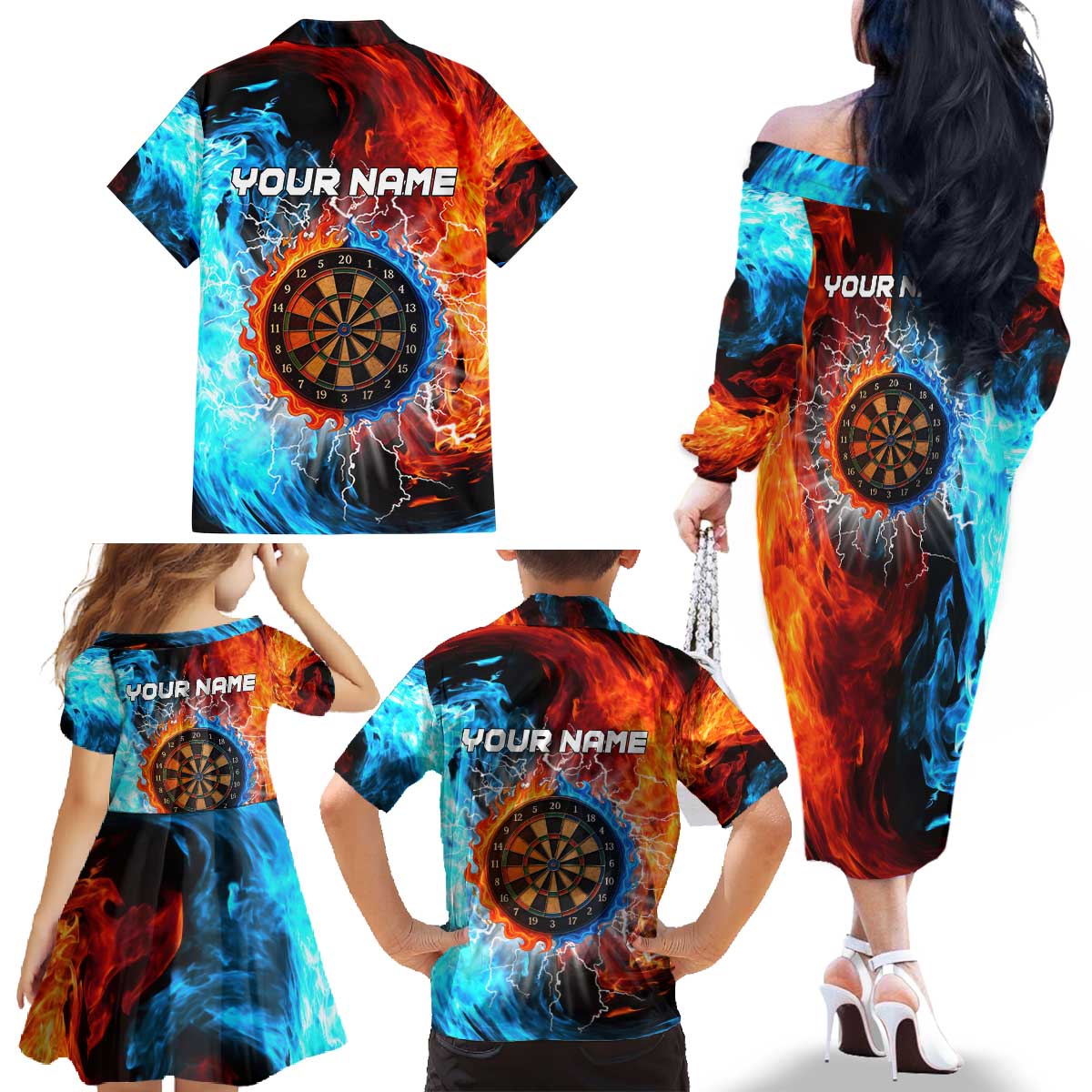 Custom Thunder Lightning Darts Family Matching Off The Shoulder Long Sleeve Dress and Hawaiian Shirt Dartboard Water Fire - Wonder Print Shop
