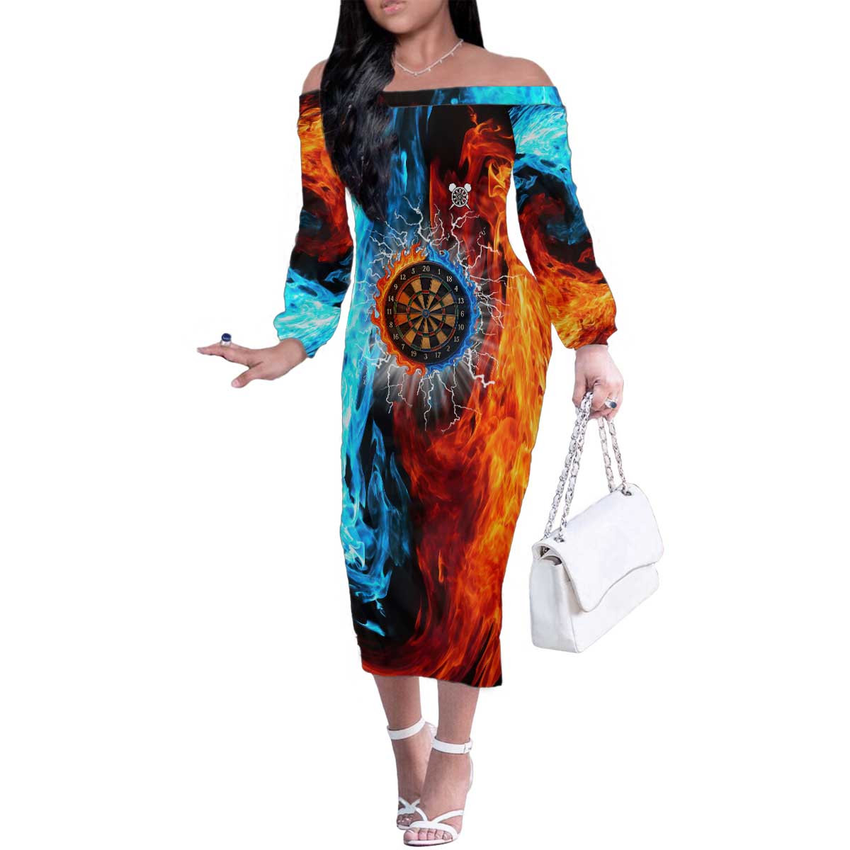 Custom Thunder Lightning Darts Family Matching Off The Shoulder Long Sleeve Dress and Hawaiian Shirt Dartboard Water Fire - Wonder Print Shop