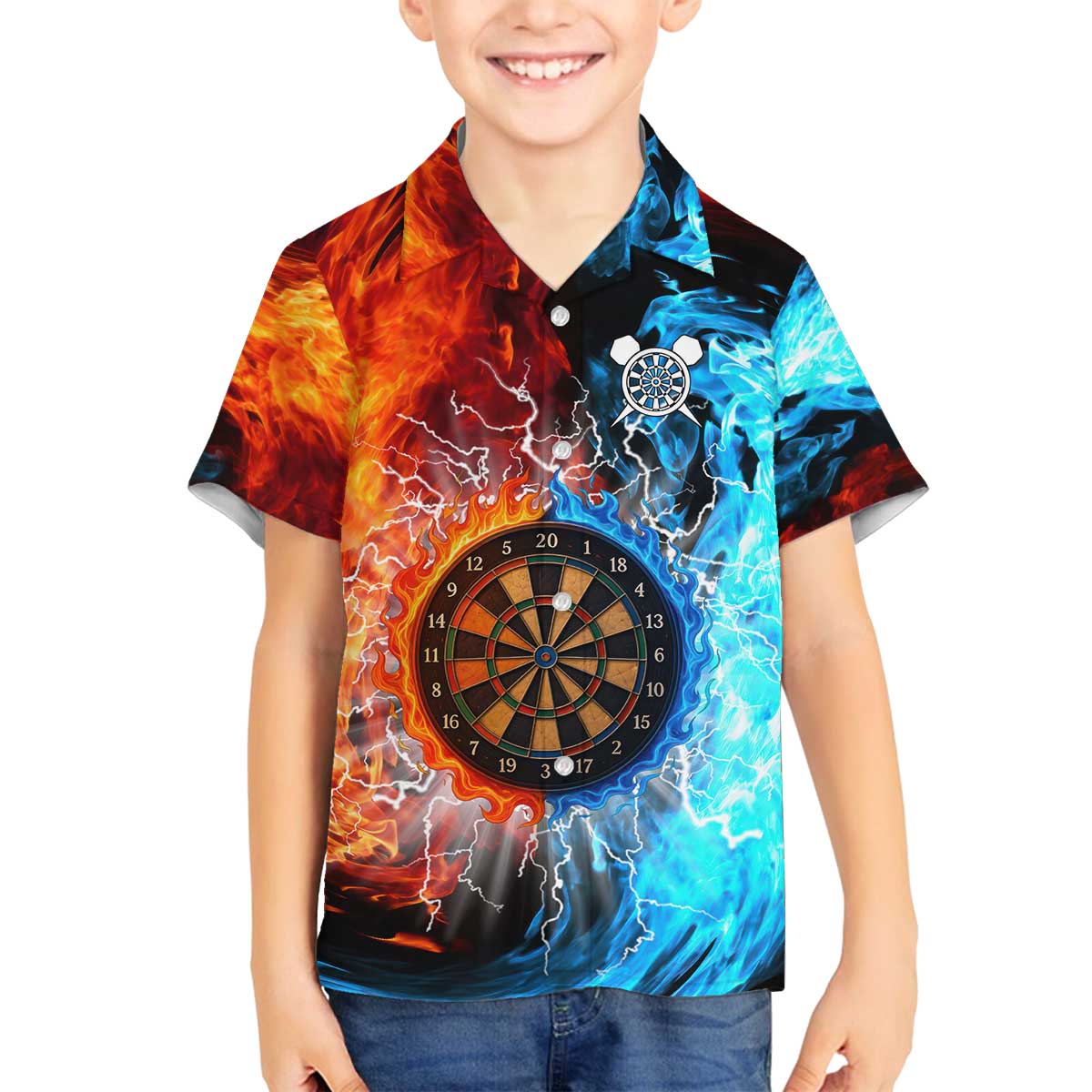 Custom Thunder Lightning Darts Family Matching Off The Shoulder Long Sleeve Dress and Hawaiian Shirt Dartboard Water Fire - Wonder Print Shop