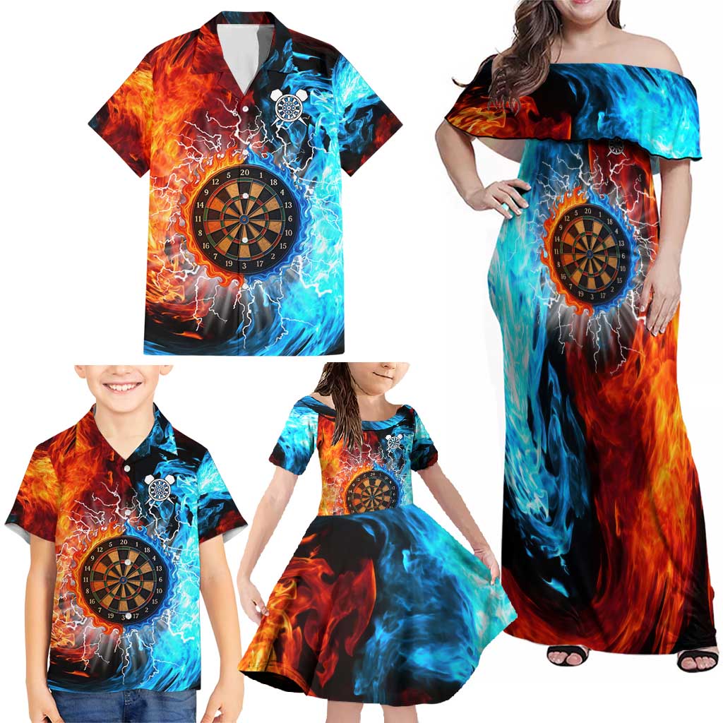 Custom Thunder Lightning Darts Family Matching Off Shoulder Maxi Dress and Hawaiian Shirt Dartboard Water Fire - Wonder Print Shop