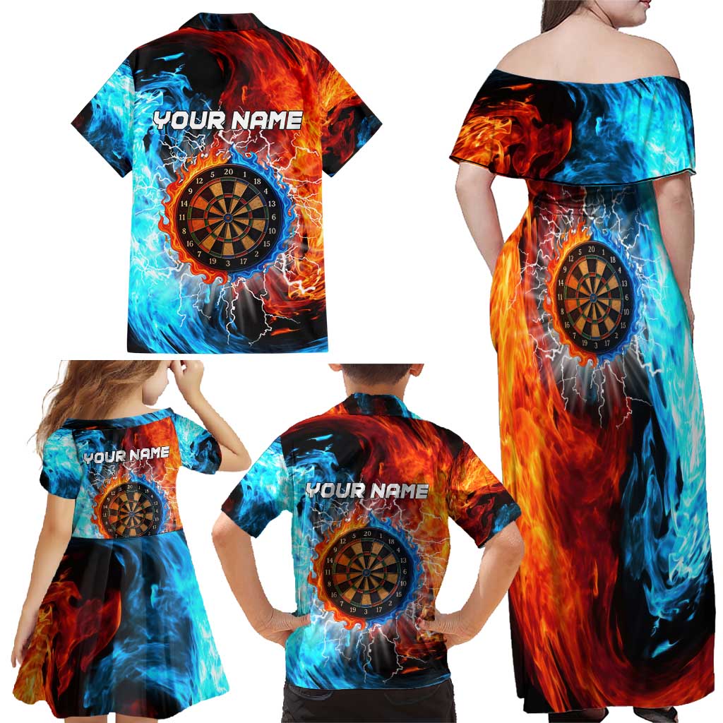 Custom Thunder Lightning Darts Family Matching Off Shoulder Maxi Dress and Hawaiian Shirt Dartboard Water Fire - Wonder Print Shop