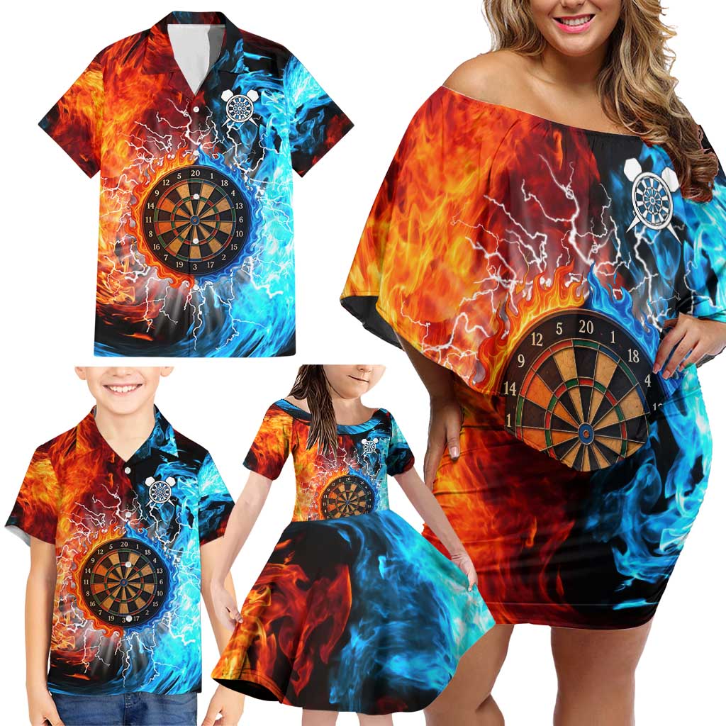 Custom Thunder Lightning Darts Family Matching Off Shoulder Short Dress and Hawaiian Shirt Dartboard Water Fire - Wonder Print Shop