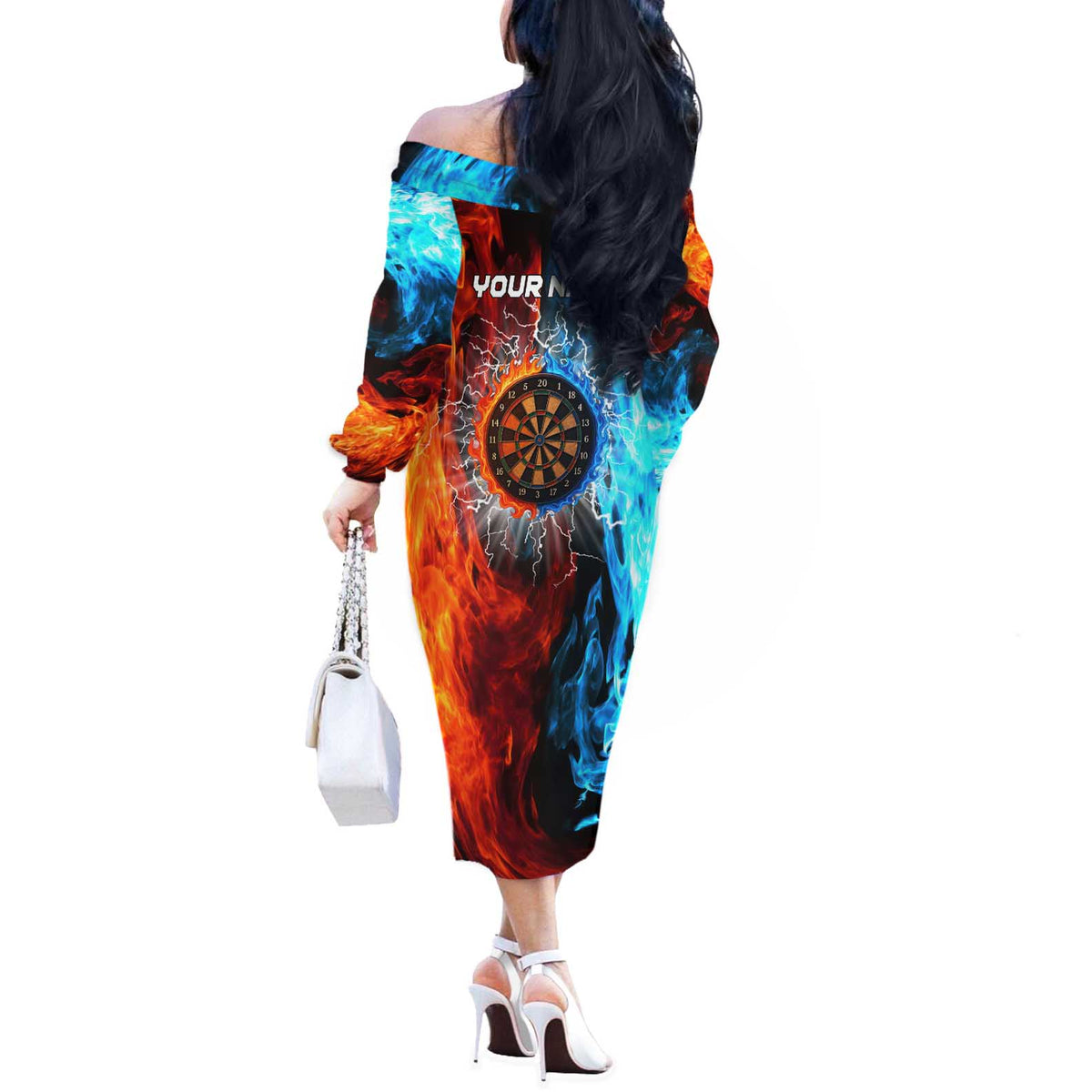 Custom Thunder Lightning Darts Off The Shoulder Long Sleeve Dress Dartboard Water Fire - Wonder Print Shop